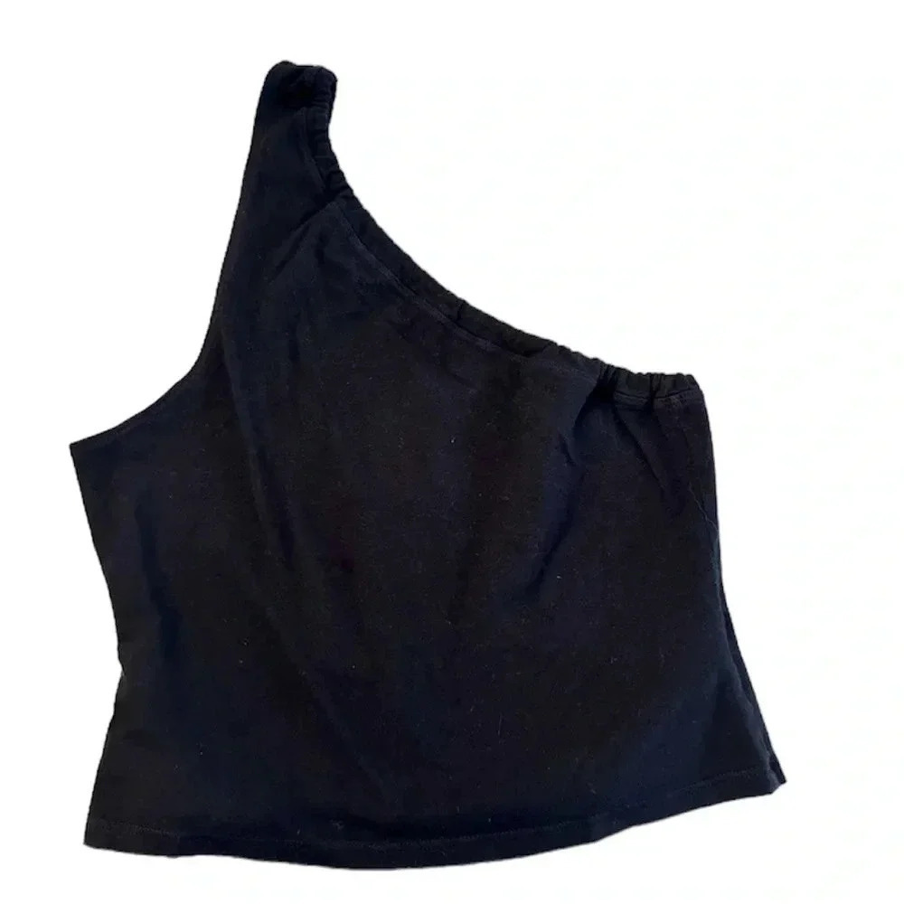 Vintage Souls Womens Black One Shoulder Casual Cropped Cotton Blend Top Sz S NWT